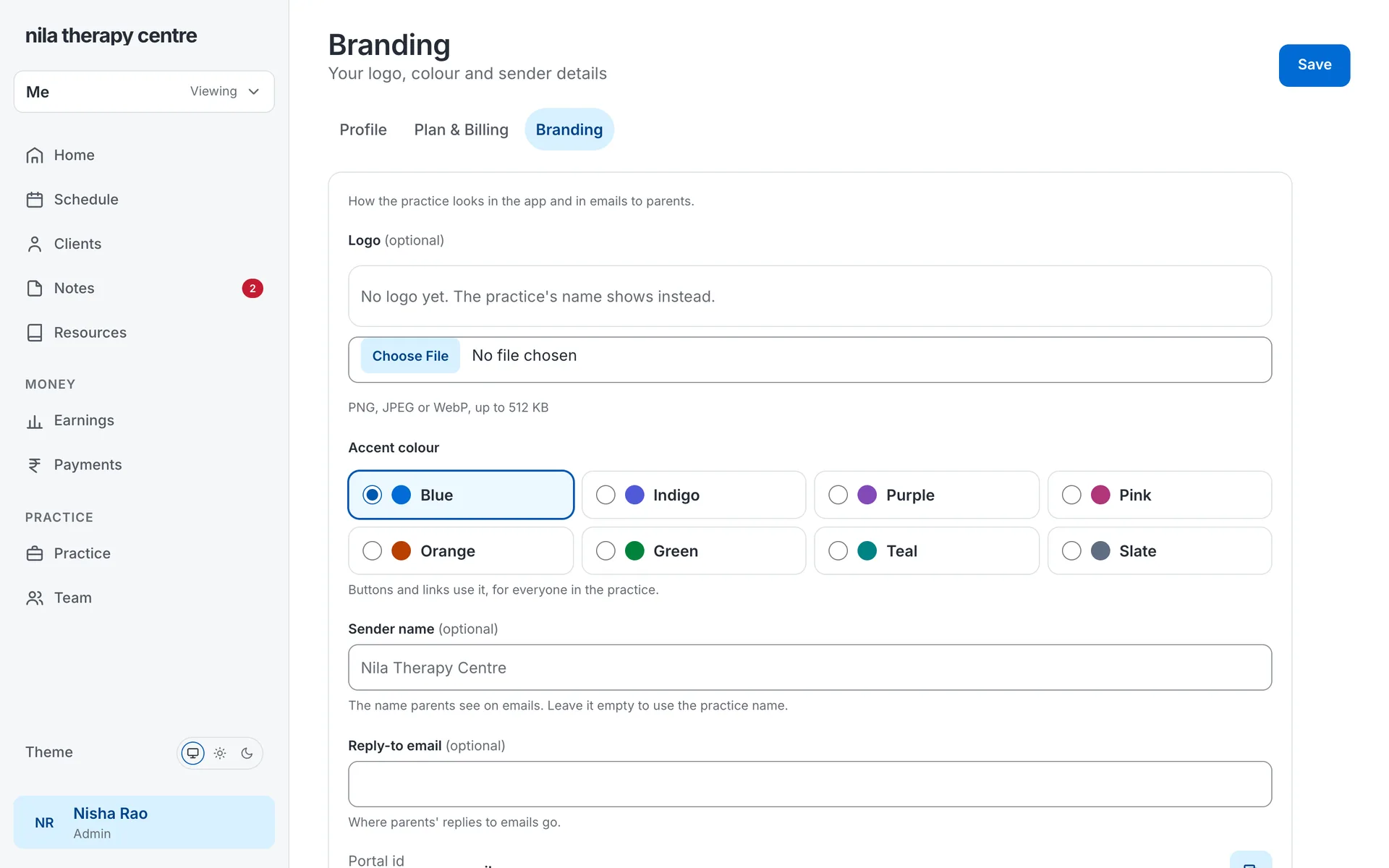 Branding settings in Pomello: the practice's logo, colour and portal address