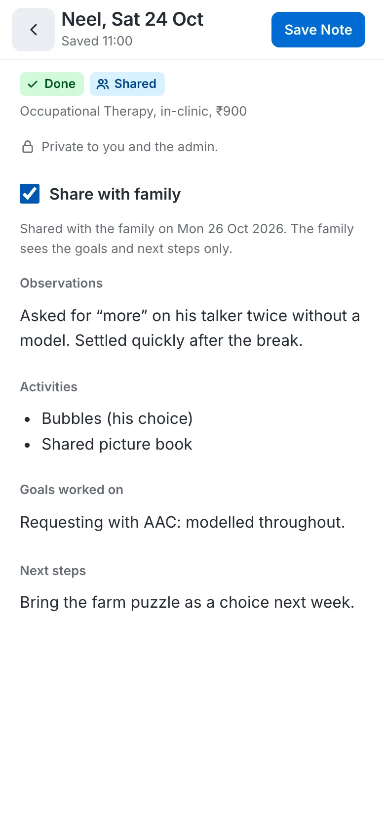 A saved session note on a phone, shared with the family, with observations, activities, goals and next steps